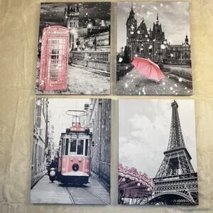 Paris Decor Themed Canvas Wall Art Pink Canvas Set Of 4 - 12”x16”
